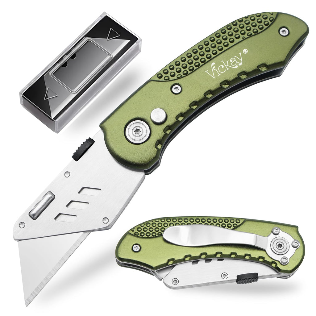 Folding Utility Knife, Heavy Duty Box Cutter, Razor Knife-OliveGreen