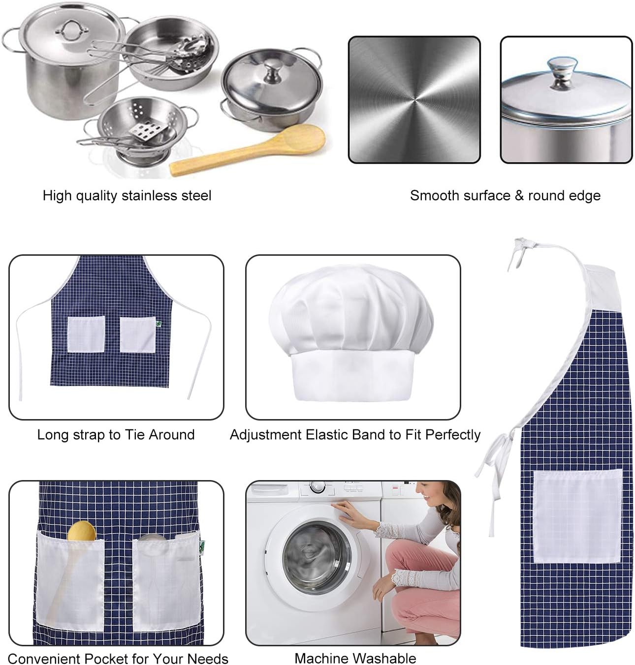 Play Kitchen Accessories, Kids Kitchen Pretend Play Toys, Kitchen Set with Stainless Steel Cooking Utensils Cookware