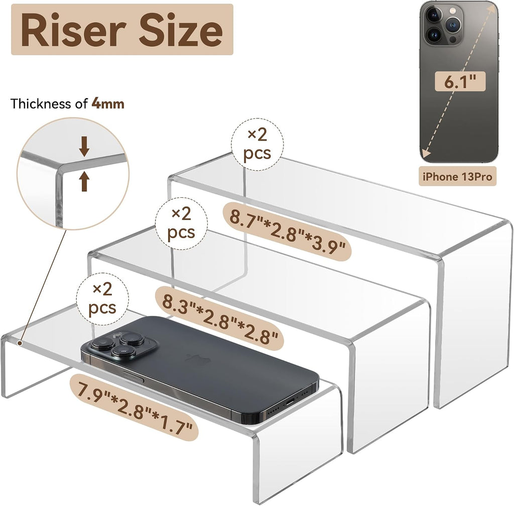 Display Risers, 6 Pcs(7.9”L~8.3”L~8.7”L) Rectangular Clear Acrylic Showcase Collectibles Display Stands Suitable for