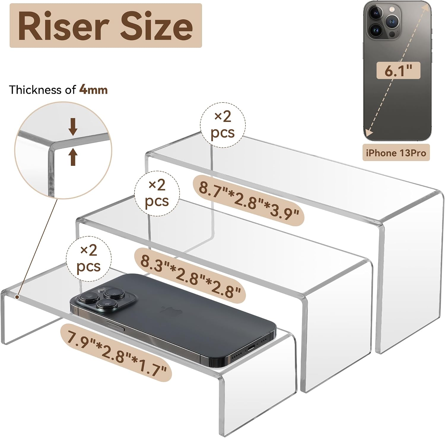 Display Risers, 6 Pcs(7.9”L~8.3”L~8.7”L) Rectangular Clear Acrylic Showcase Collectibles Display Stands Suitable for