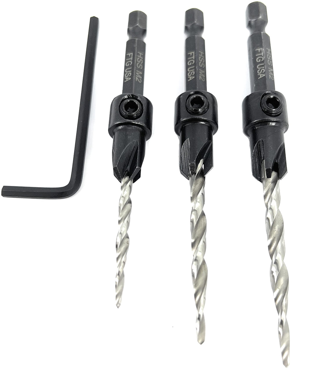 FTG USA 3 Pc #6#8#10 Countersink Drill Bit Set, Tapered Bits