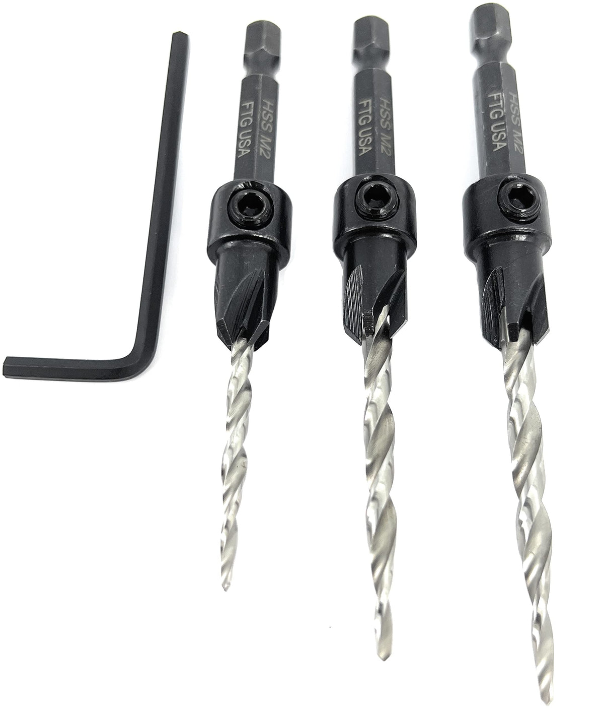 FTG USA 3 Pc #6#8#10 Countersink Drill Bit Set, Tapered Bits
