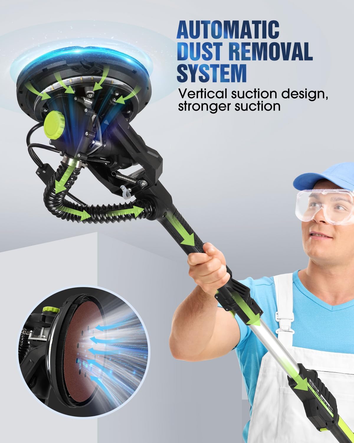 7.2A Drywall Sander with Vacuum, LED, 6-Speed | Digital display 900-1800RPM, foldable & extendable handle, 7.2A