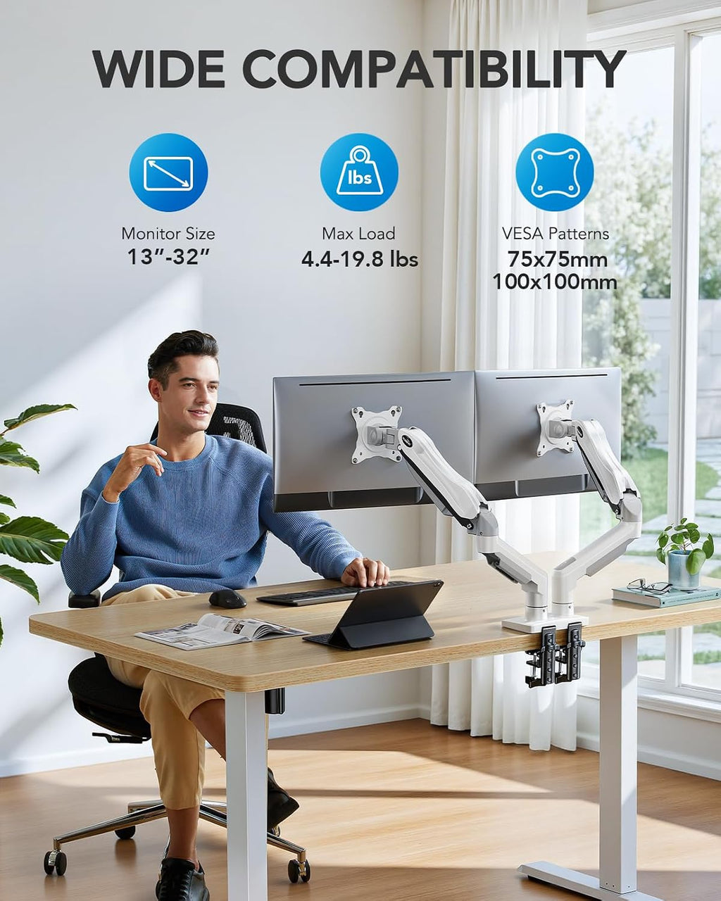 Dual Monitor Stand - Full Adjustable Monitor Desk Mount Swivel Vesa Bracket with C Clamp, Grommet Mounting Base for