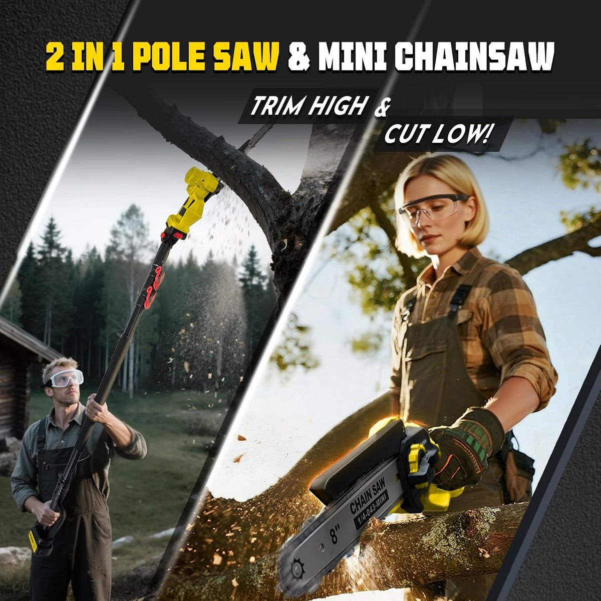 Brushless 2-IN-1 Cordless Pole Saw & Mini Chainsaw, 8 Inch Max Reach 16 Ft | 2× 21V 4.0Ah Battery, Multi-Angle