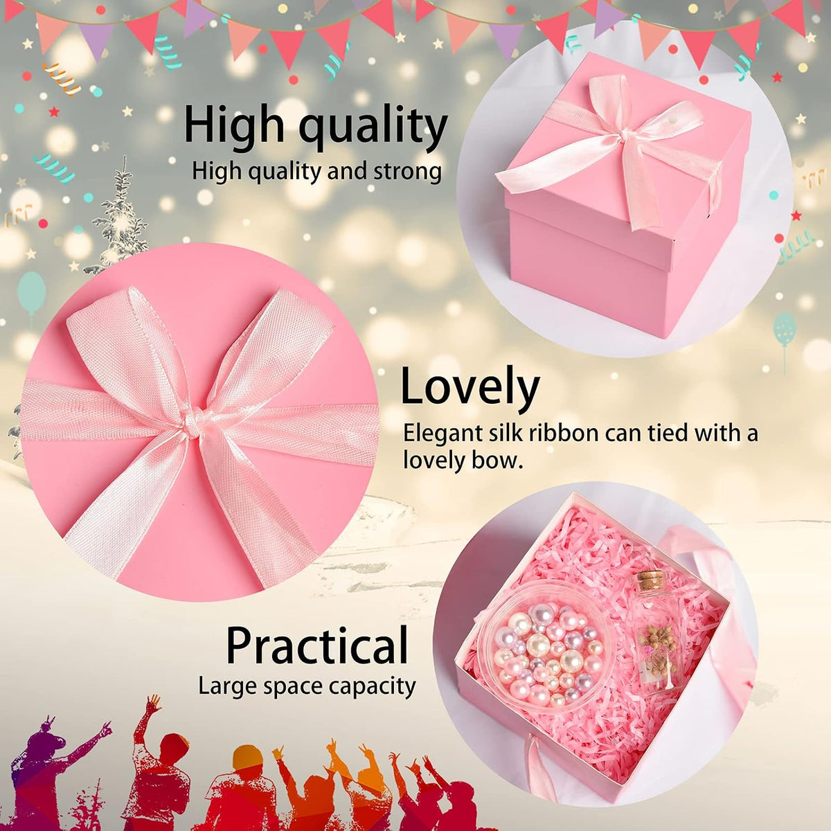Gift Box with Lid & Ribbon for present, 12pcs, Pink, 6"×6"×6"