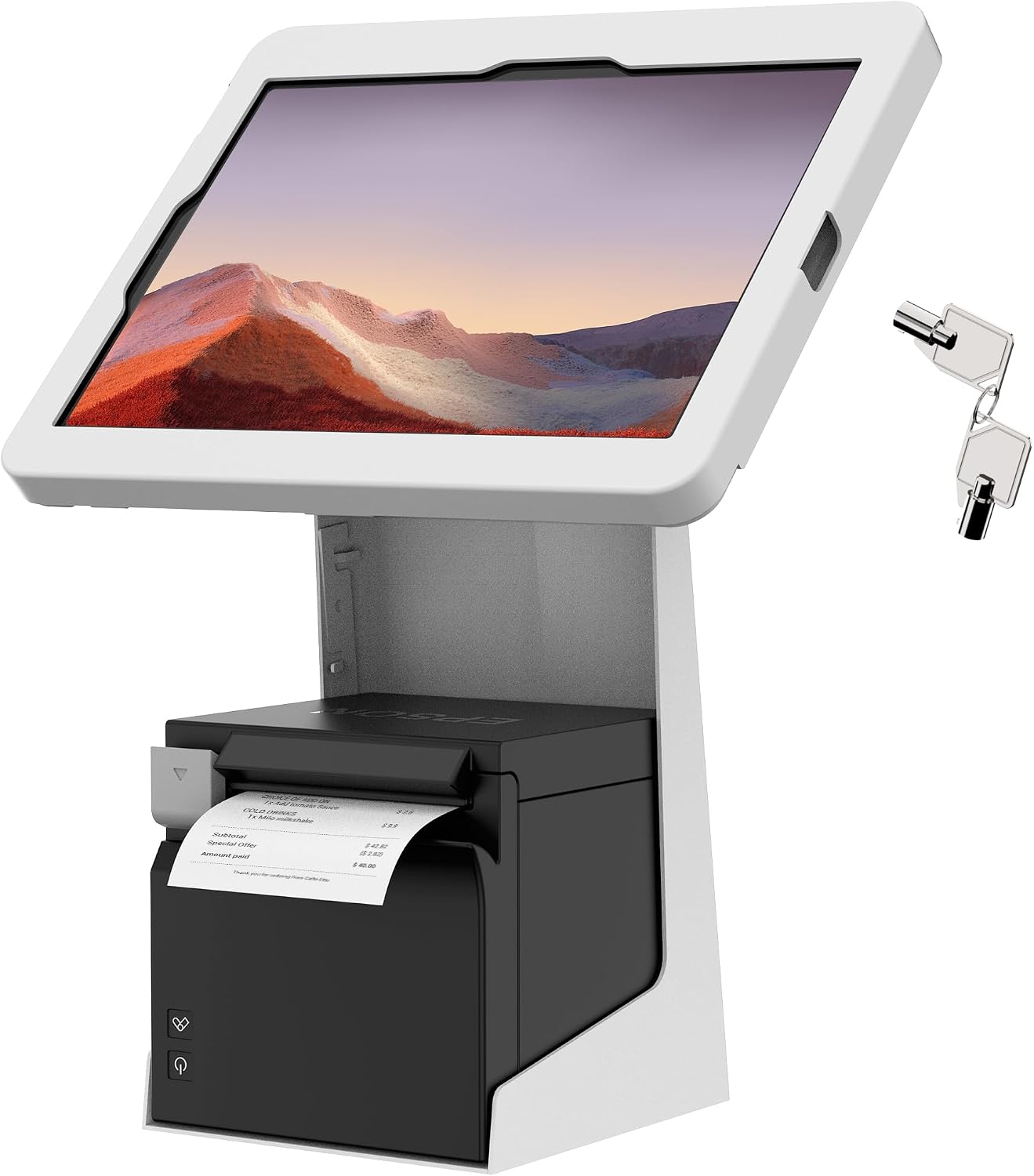 All-in-One Tablet POS Stand with Printer Compartment, All Metal Desktop Kiosk with Key Lock, 90° Flip Enclosure