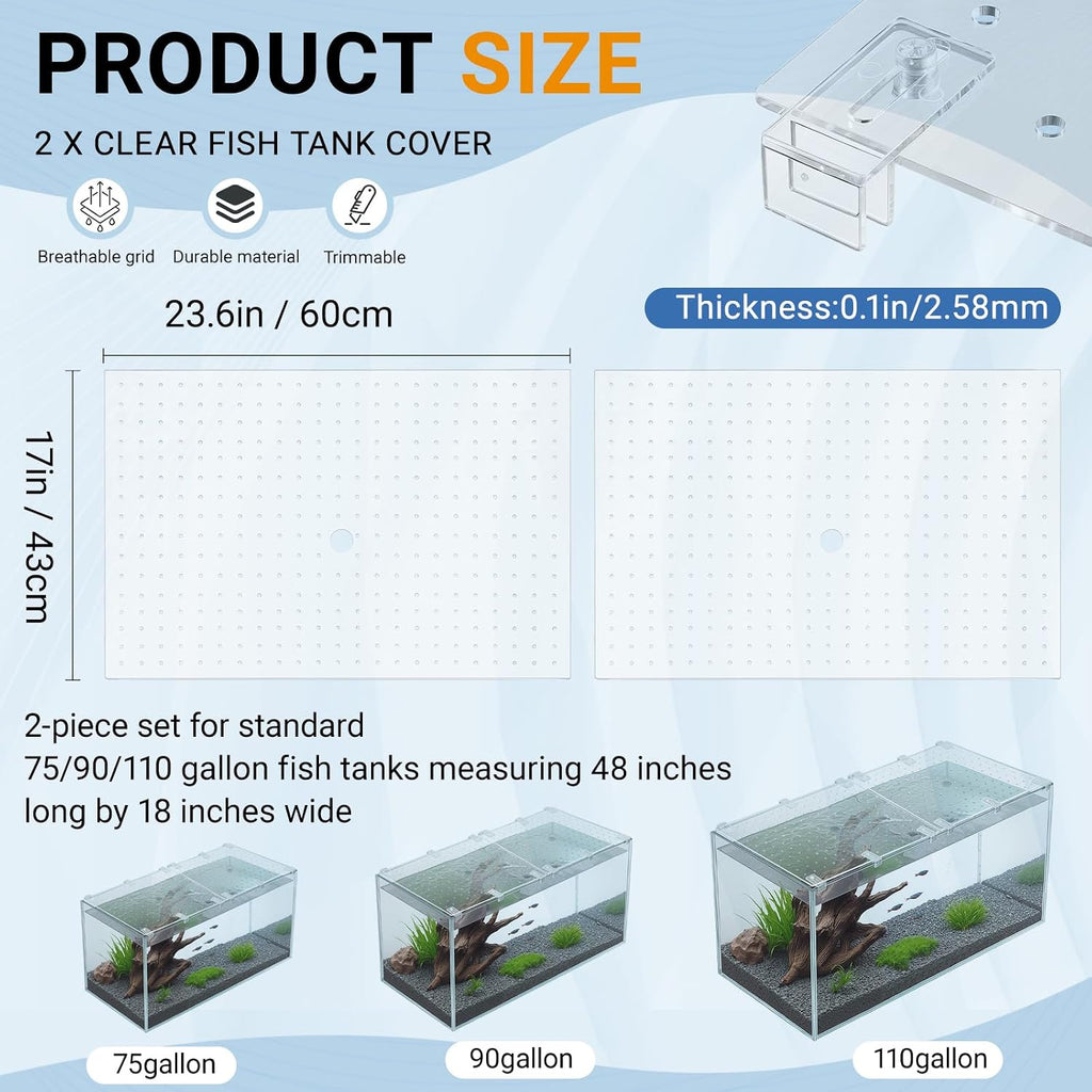 2 Pcs Aquarium Acrylic Fish Tank Lid Covers for 70/75/90/110 Gallon, 48 X18 Glass Cuttable Canopy Top Net, Anti-Jump
