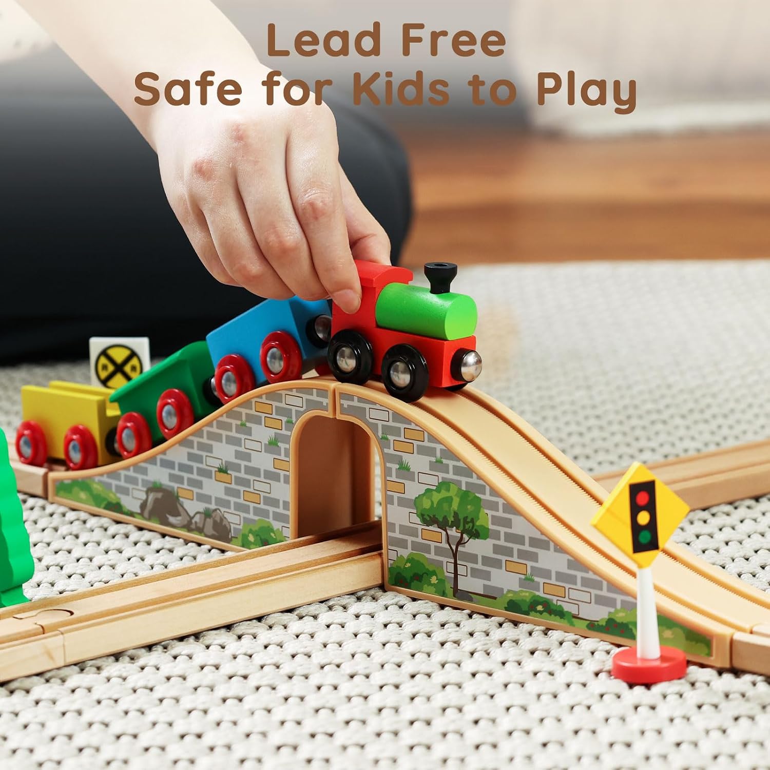 Wooden Train Set for Toddler with Double-Side Train Tracks Fits Brio, Thomas, Melissa and Doug, Kids Wood Toy Train