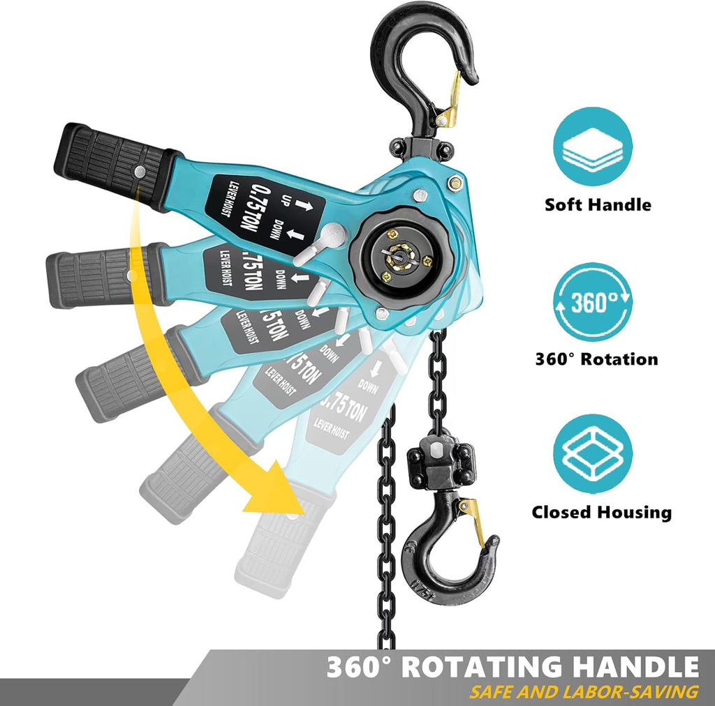 Manual Lever Chain Hoist 3/4 Ton 1650 lbs Lever Hoist 5 ft Ratchet Chain Puller Hoist|2 Heavy Duty Hooks G80