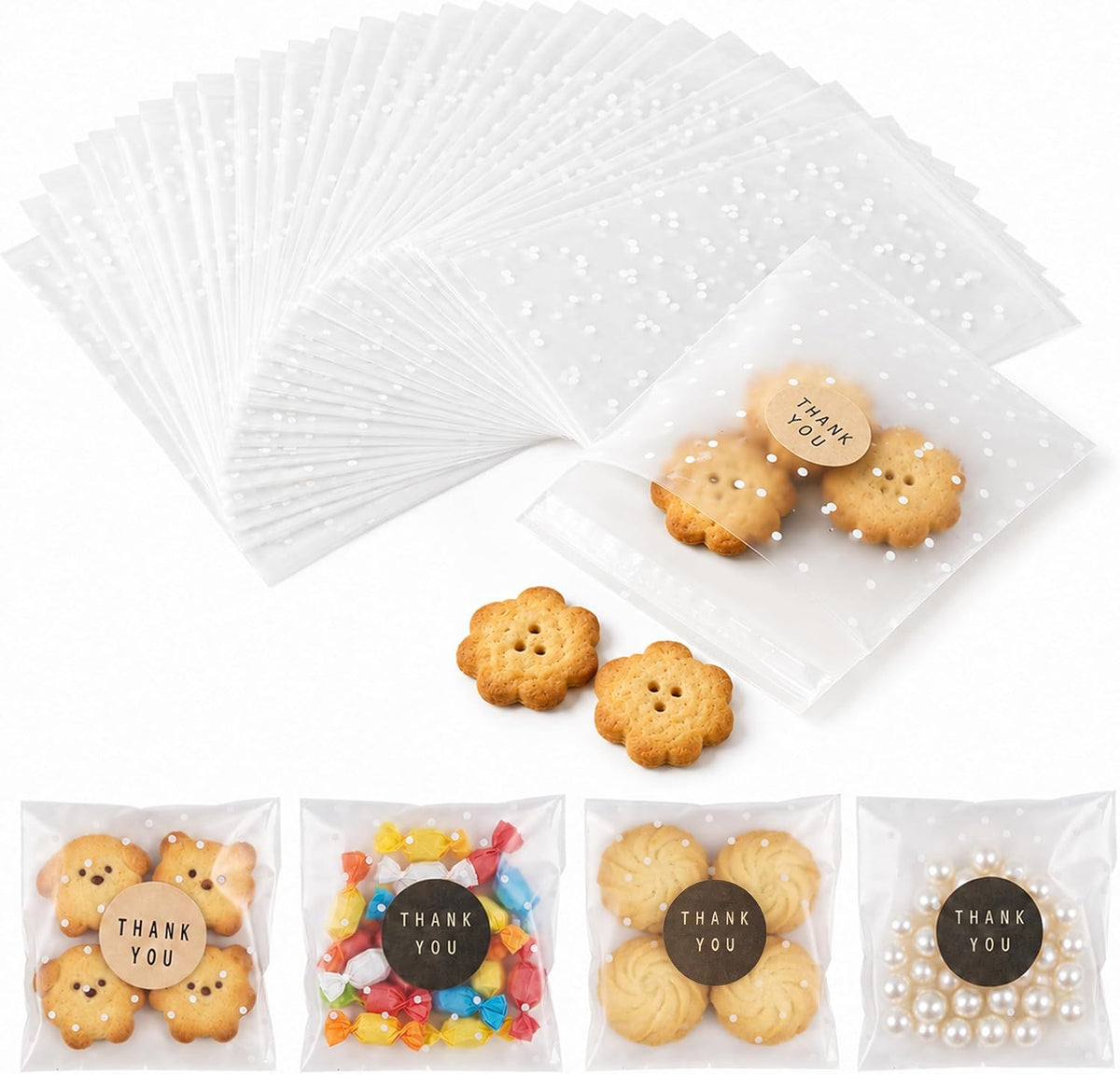 Self Sealing Cookie Bags with Sticker,100pack 4x4 in Cellophane Bags