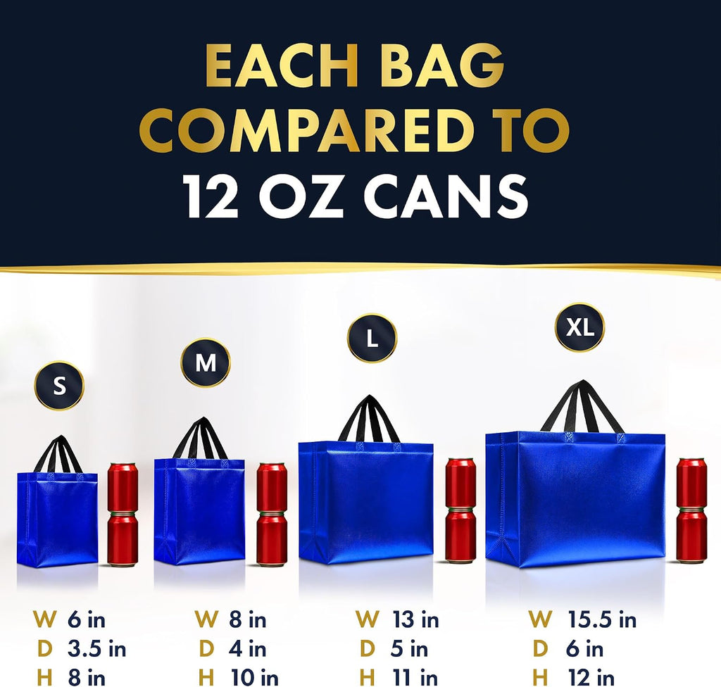12 Reusable Blue Gift Bags with Handles, 4 Assorted Sizes