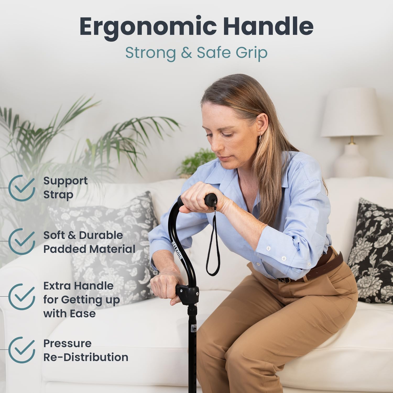 Quad Cane (300LB) - Adjustable Walking Cane with A Large 4 Pronged Base for Extra Balance & Stability, Walking Canes