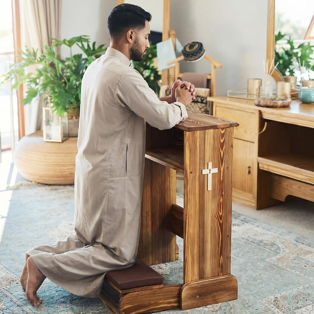 Solid Wood Prayer Bench Stool with Shelf and Cushion Church Prayer Bench Table Chair Padded Kneeler for Kneeling at