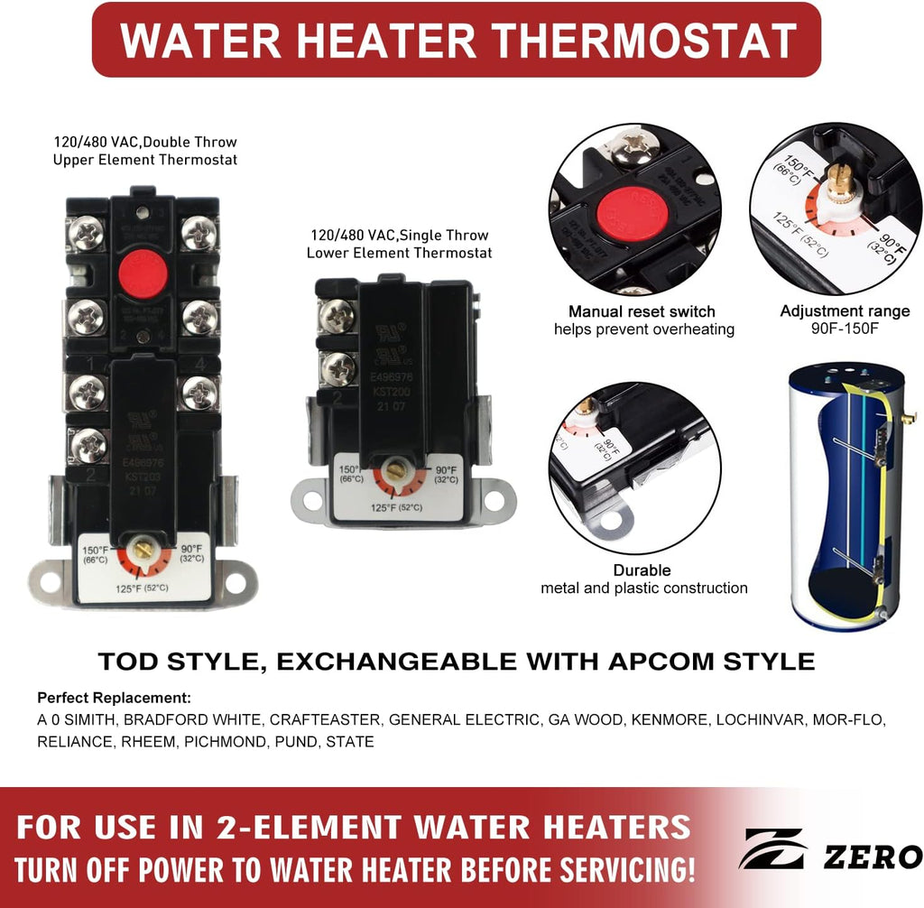Zero EWH-02 Electric Water Heater Repair Kit with 4500W 240V Elements & TOD Thermostats, Upper/Lower, Fits Rheem, AO Smith, Richmond, Kenmore, GE