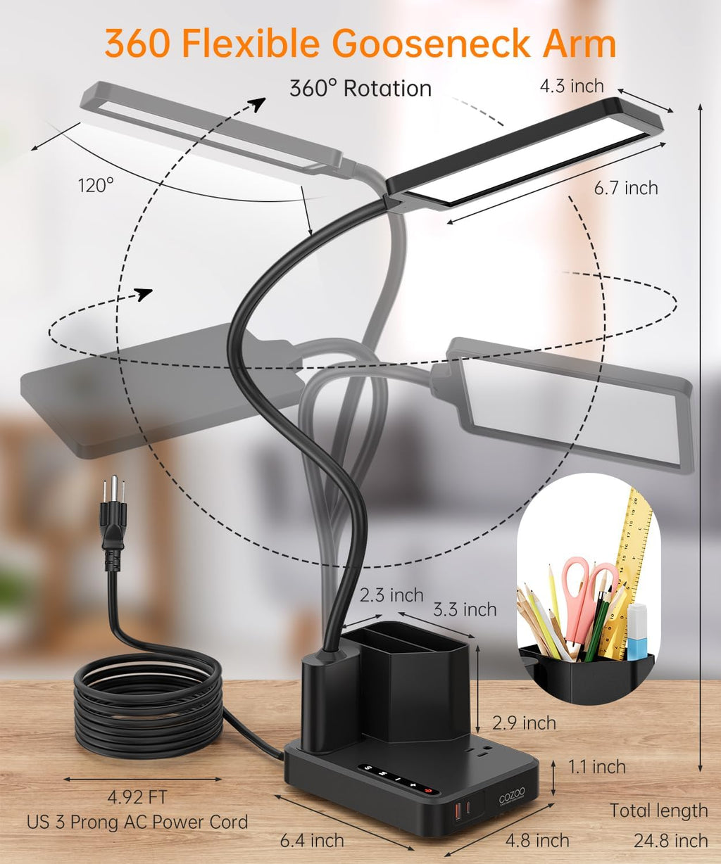 Desk Lamp, COZOO LED Desk Lamps for Home Office with USB Charging Port/Outlet/Organizer,Desk Lamp for College Dorm