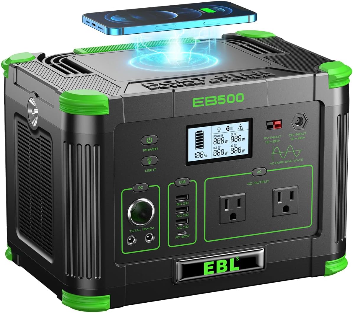 Portable Power Station 500w(Peak 1000W), Camping Solar 519.48Wh Outdoor | Solar Generator Backup Battery Pack with