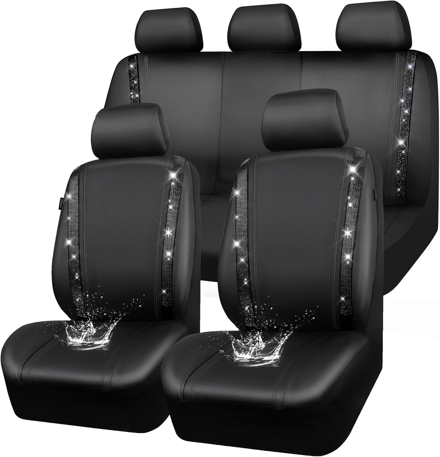 Leather Bling Diamond Car Seat Covers Full Set, Shining Rhinestone Waterproof Durable Rear with Zipper, Universal Fit