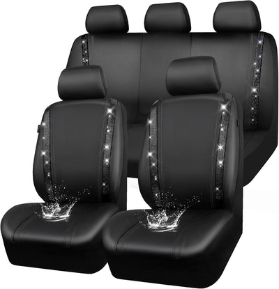 Leather Bling Diamond Car Seat Covers Full Set, Shining Rhinestone Waterproof Durable Rear with Zipper, Universal Fit