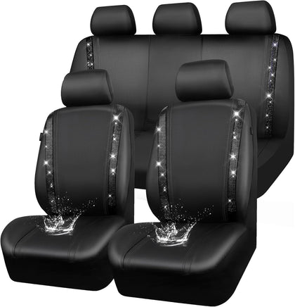 Leather Bling Diamond Car Seat Covers Full Set, Shining Rhinestone Waterproof Durable Rear with Zipper, Universal Fit