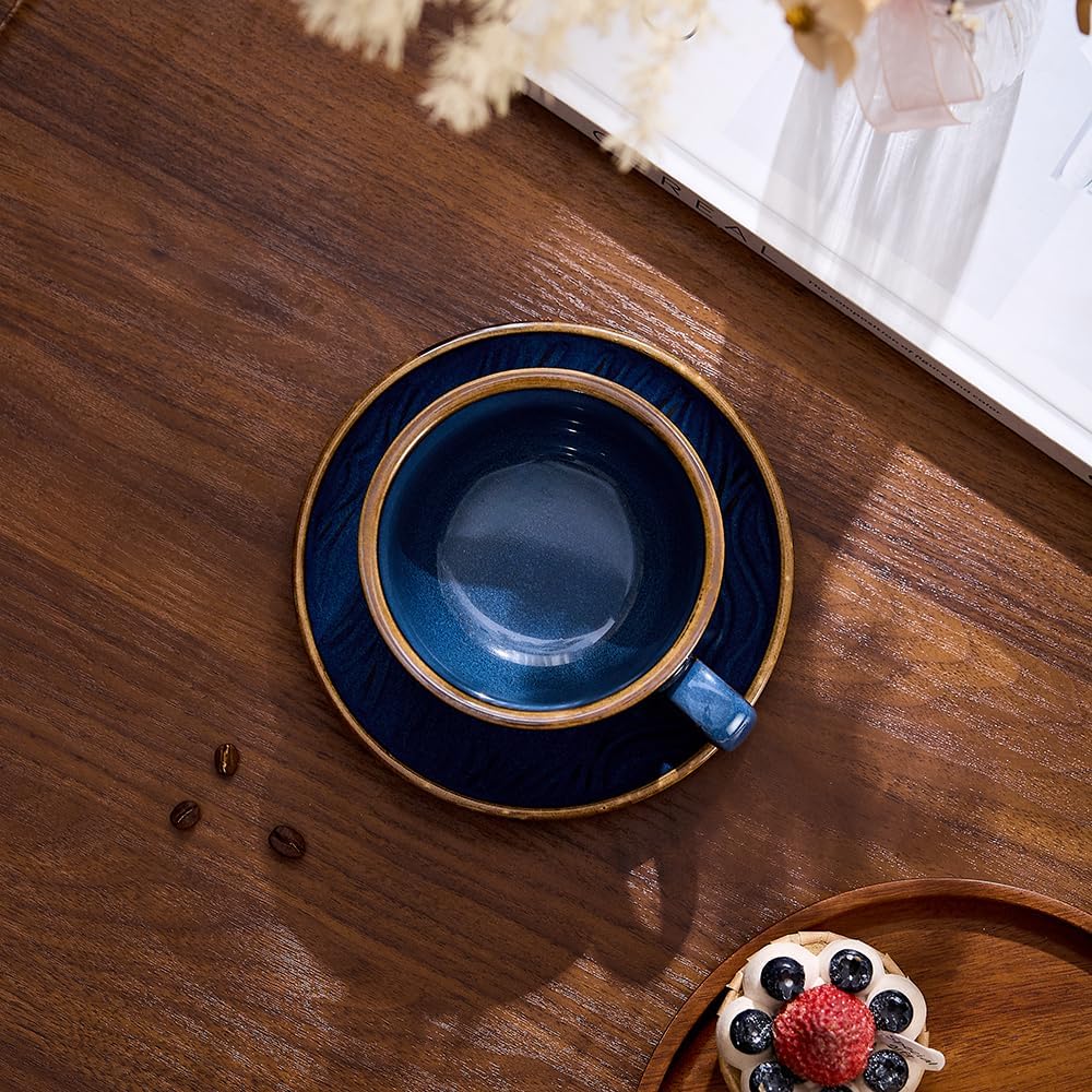 Vintage Design 12 oz Ceramic Latte Art Cappuccino Barista Cup with Saucer (Wave Blue)