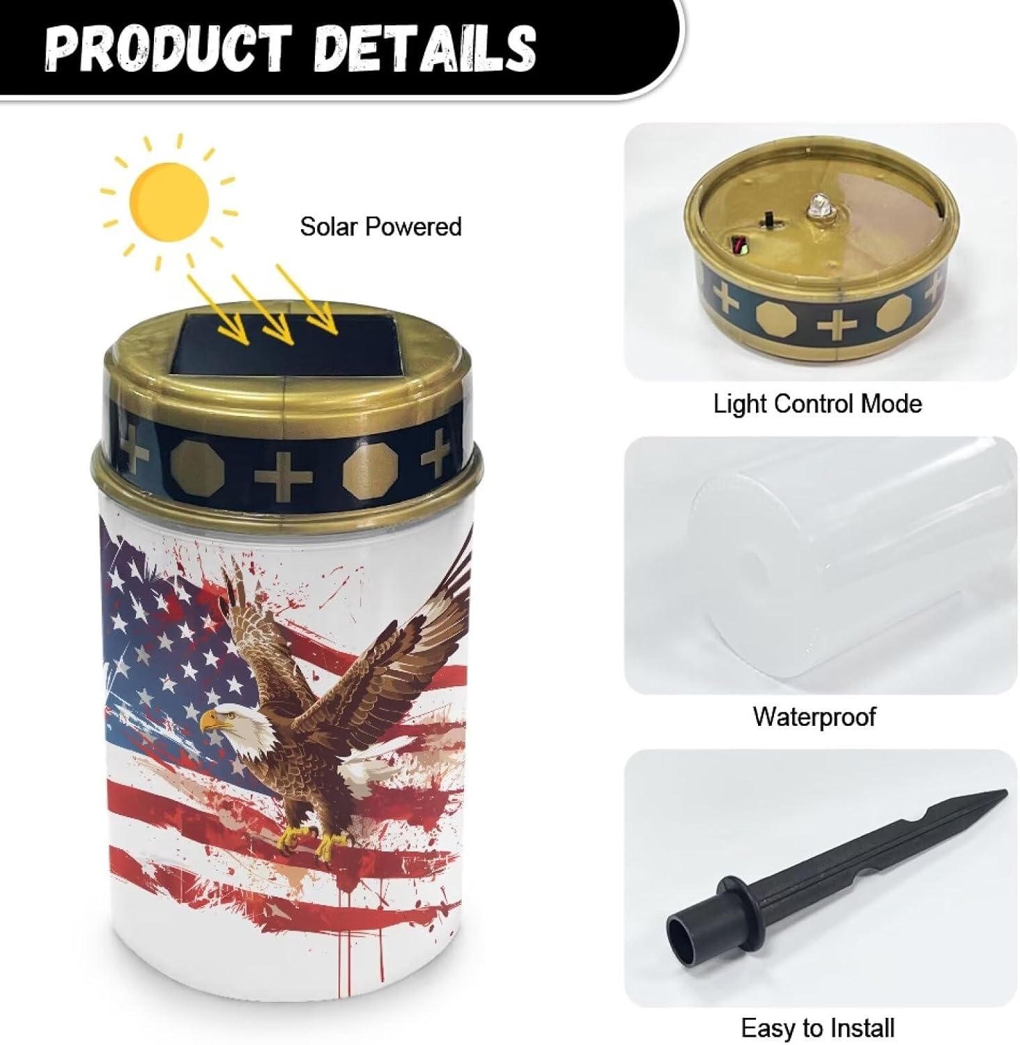 American Flag Solar Lights Outdoor for Cemetery US Flag Cemetery Solar Lights with Eagle Grave Decorations Waterproof