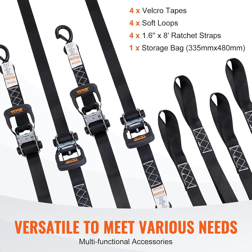 VEVOR Ratchet Tie Down Straps (4PK), 5208lbs Break Strength, 1.6" x 8' Heavy Duty Ratchet Tie Down Strap Set with