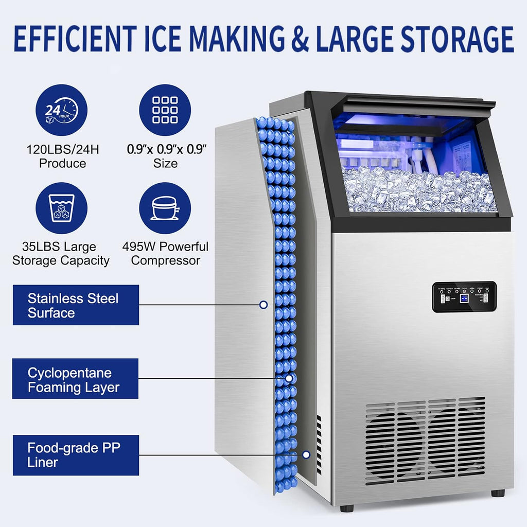 Commercial Ice Maker Machine 120Lbs/24H with 35Lbs Capacity