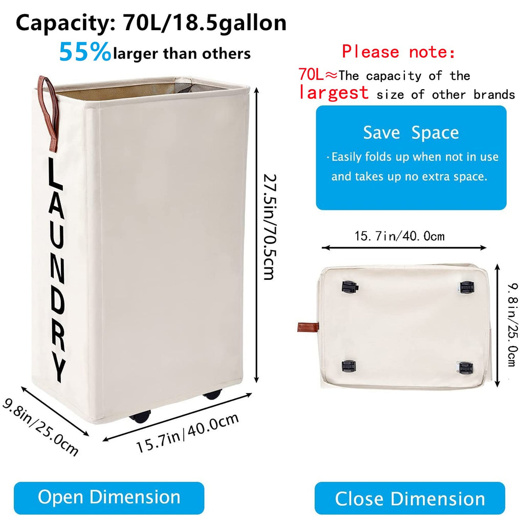 70L Large Rolling Laundry Hamper - Tall Narrow Basket With Wheels, Slim Clothes Bin, 27.5" Beige