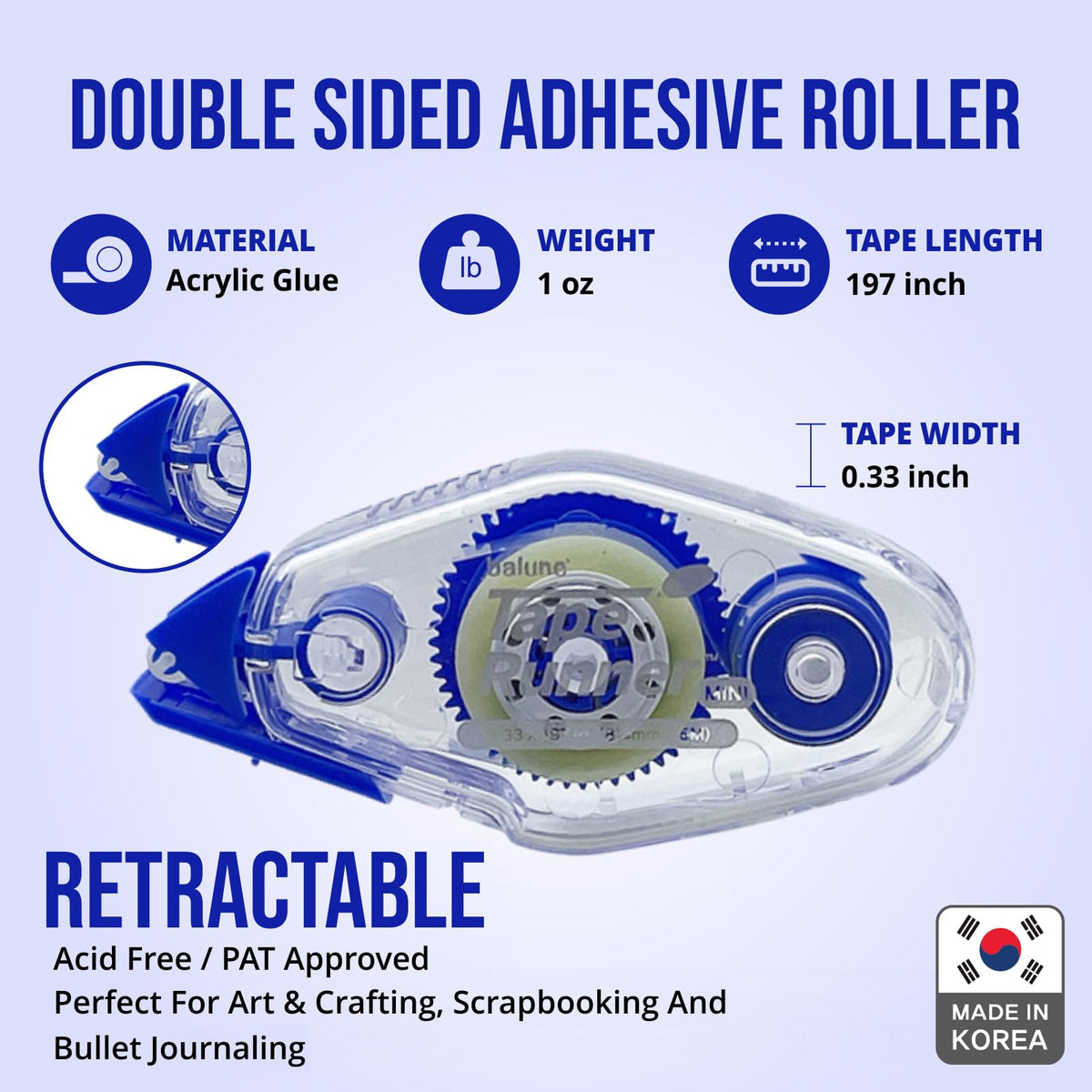 Double Sided Adhesive with Dispenser Roller Included - Acid Free, Sticky, Clear & Transparent - Ideal for