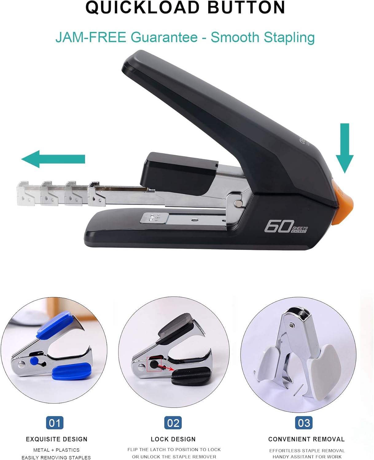 Effortless Heavy Duty Stapler, One Touch Stapling, Easy to Load Ergonomic Stapler, 60 Sheet Capacity, Includes 2000