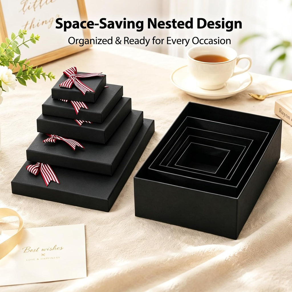 5-Piece Nested Gift Boxes with Lids - Heavy Duty Rigid Black Gift Boxes for Presents with DIY Wine Red and White