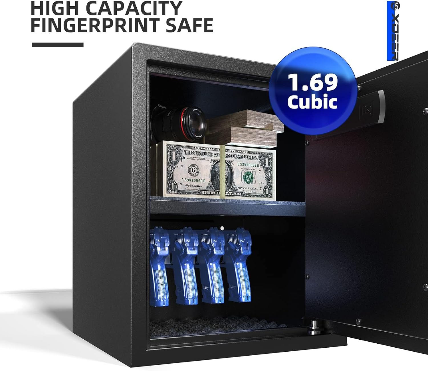 1.69 CuFt Biometric Safe with Fireproof Bag, Home Safe for 4 Pistols | Fingerprint Safe Box with Backlit Keypad & LED