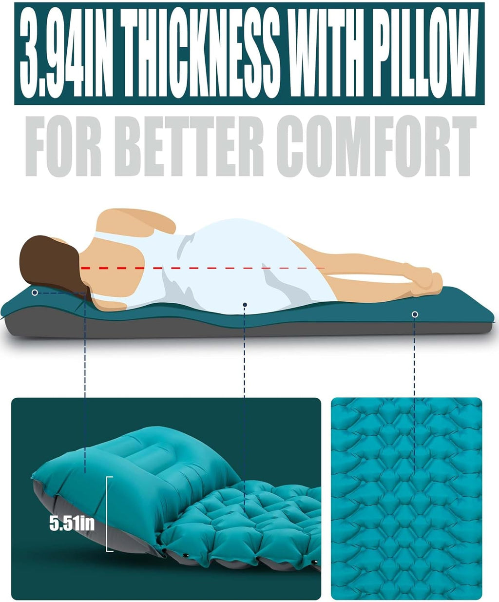 Camping Sleeping Pad with Pillow: Extra Thick 3.9 inch Ultralight Self Inflating Air Mat, Compact Lightweight
