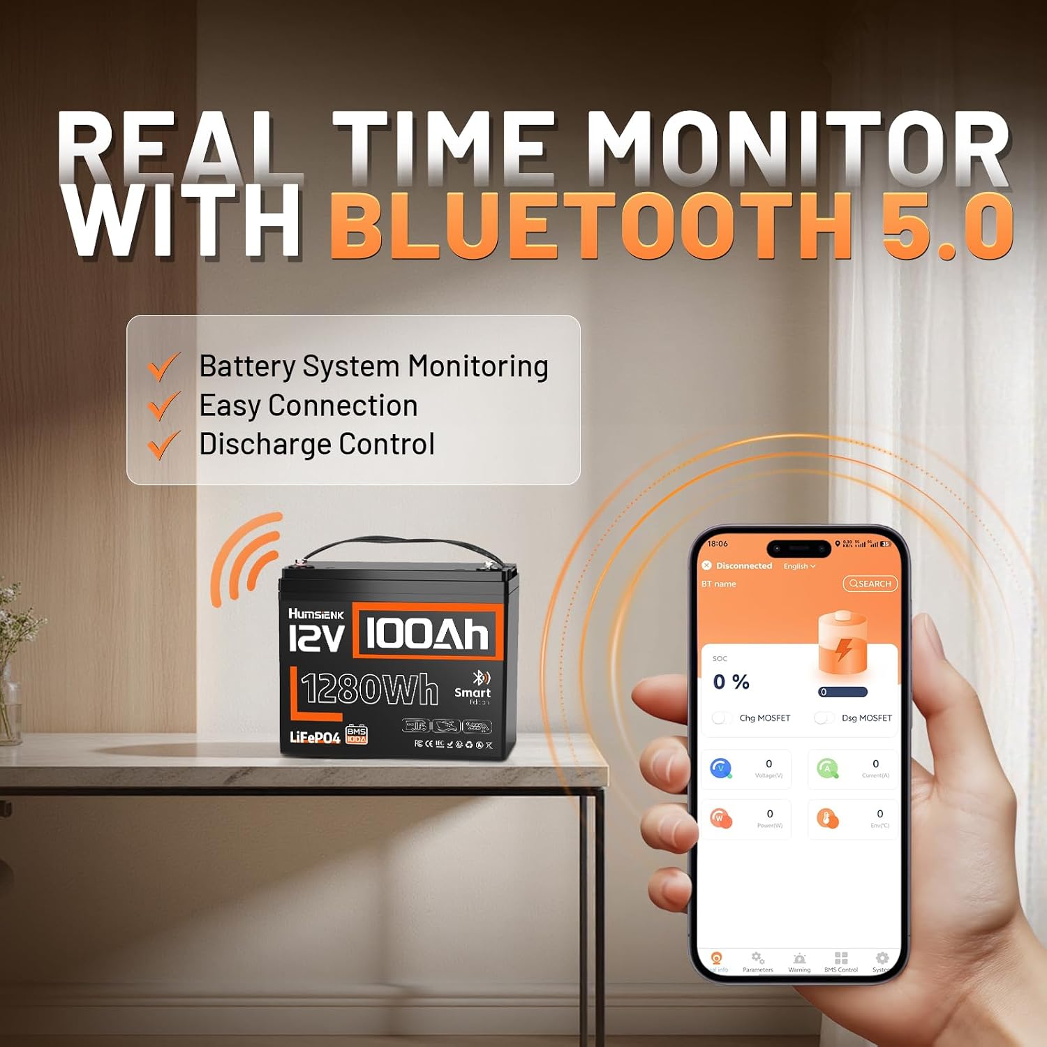 12V 100Ah LiFePO4 Lithium Battery with Bluetooth (Group 24), 15000+ Deep Cycles Battery, Built-in 100A BMS & Low-Temp