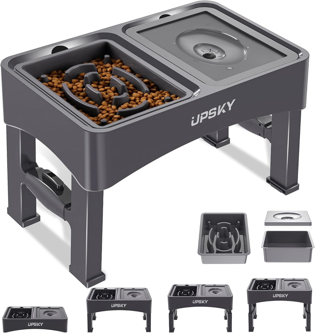 2-in-1 Elevated Dog Bowls Slow Feeder, 4 Height Adjustable Raised Bowl Stand, No Spill Dog Water Bowls, Anti-Slip