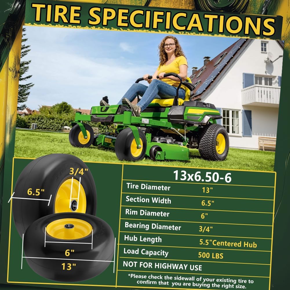 (2 Pack) 13x6.50-6 Flat Free Front Tire and Wheel,13x6.5-6 Lawn Mower Tires, Solid Tractor Turf Tire,5.5"-8" Centered