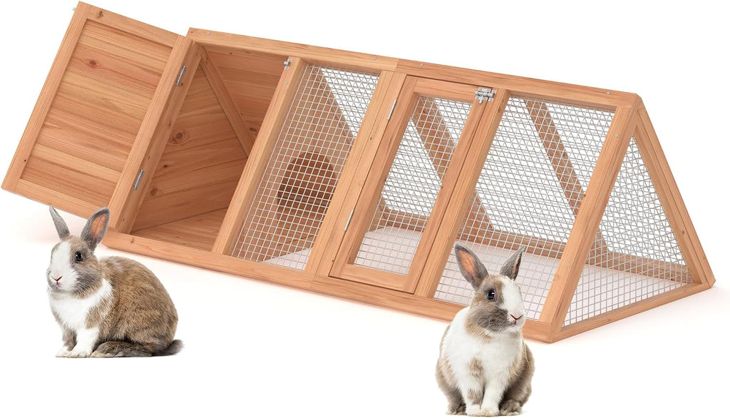 Rabbit Hutch, Small A-Frame Chicken Coop Outdoor w/ 2 Door & Run Cage(Wood)
