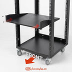 AxcessAbles 16U Open Frame Network & AV Rack with Caster Wheels, Two 2U Shelves, 10-32 & Cage Nut Compatible Rails, Cage Nuts, Screws, Cage Nut Tool & Wall Mount Kit | 19-Inch Equipment Rack