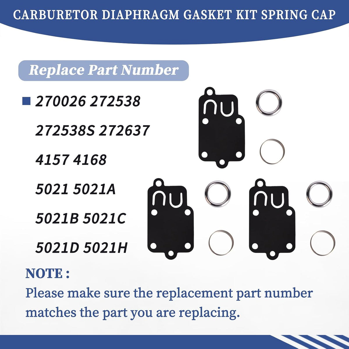 Carburetor Diaphragm Gasket kit Fit for Spring Cap 2Hp Thru 5Hp Horizontal Engines, 270026 272538 272538S 272637 4157 (3 PCS)