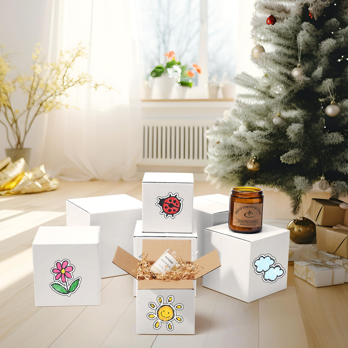 12 Pack Small Shipping Boxes Assorted Sizes, 4x4x4 & 5x5x5 & 6x6x6 4 PCS Each Small Boxes, White Corrugated Box