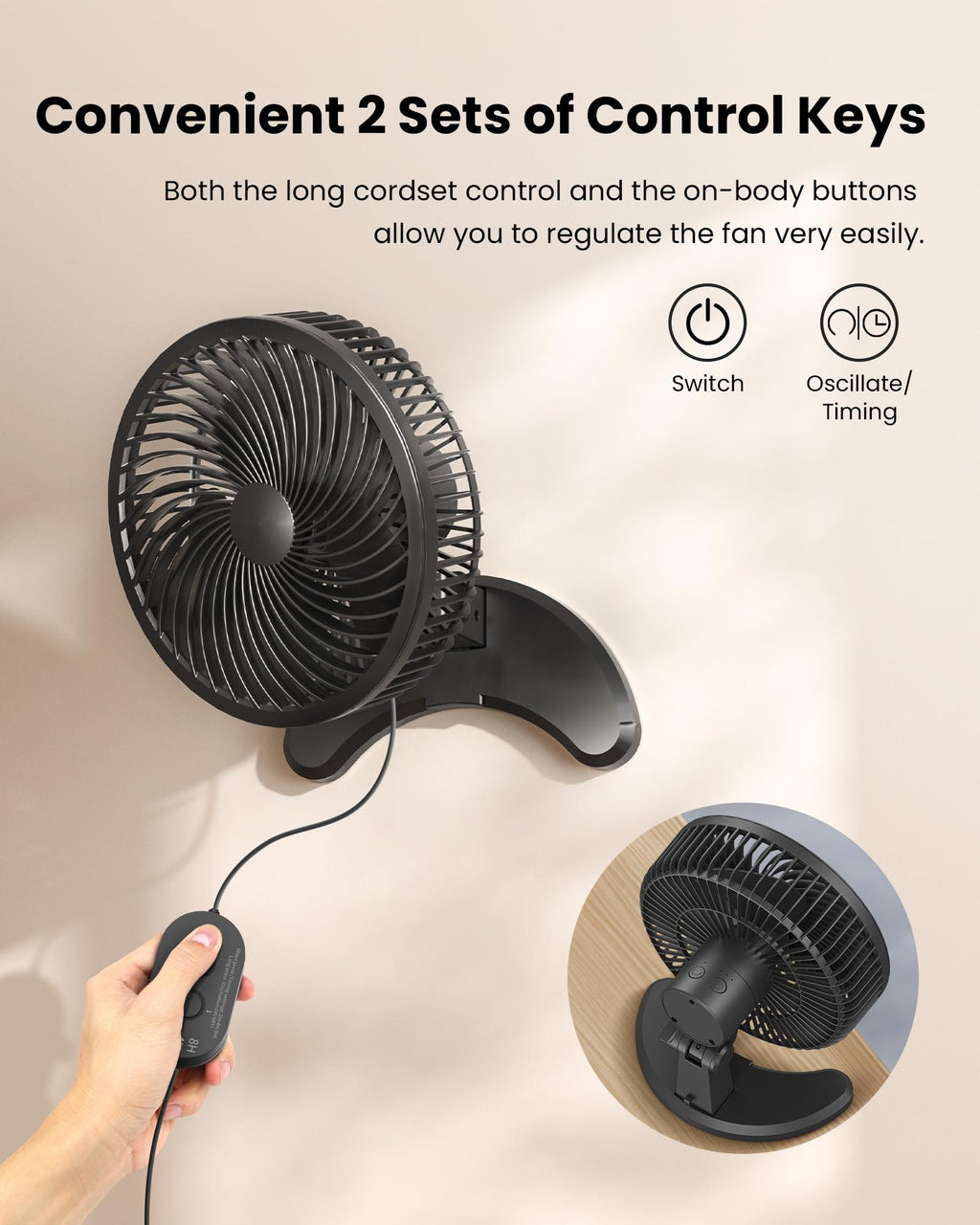 8'' Wall Mount Fan, Quiet Small Fan with Timer, 8.2ft Wired Remote