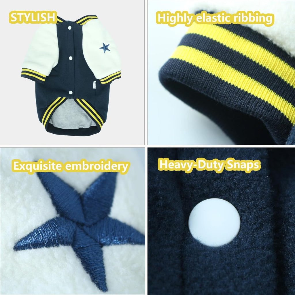 Small Dog Fleece Varsity Jacket for Winter, Warm Pet Coat with Snap Buttons, Cold Weather Heavyweight Coats for Cats