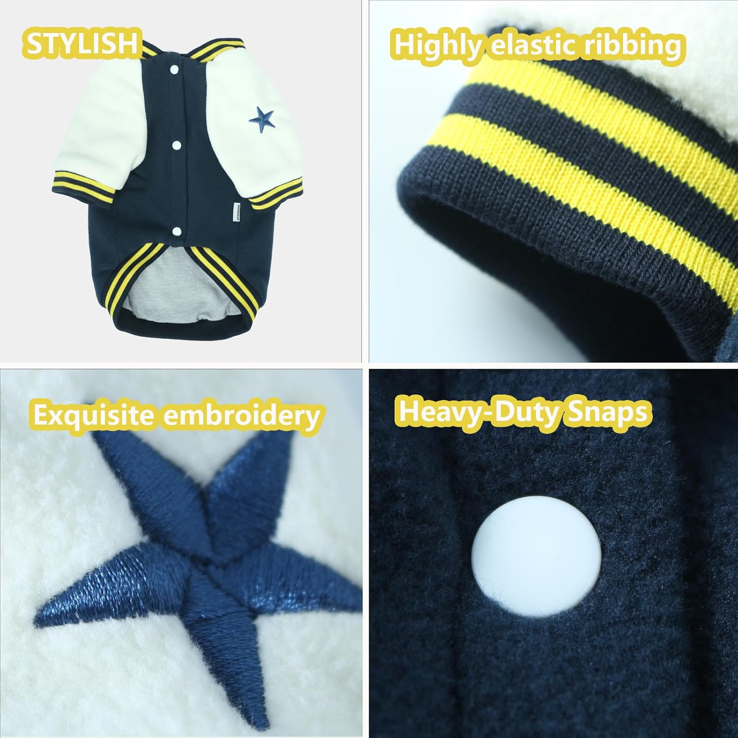 Small Dog Fleece Varsity Jacket for Winter, Warm Pet Coat with Snap Buttons, Cold Weather Heavyweight Coats for Cats