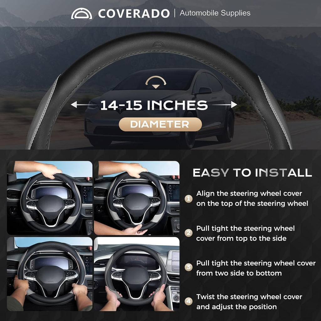 Car Steering Wheel Cover, Nappa Leather Black & Gray Steering Wheel Covers, Universal 14-15 inch, Anti-Slip