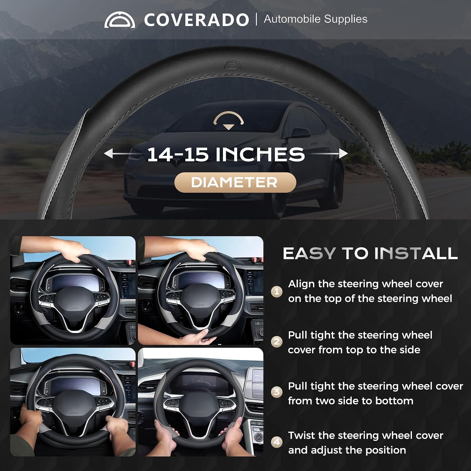 Car Steering Wheel Cover, Nappa Leather Black & Gray Steering Wheel Covers, Universal 14-15 inch, Anti-Slip