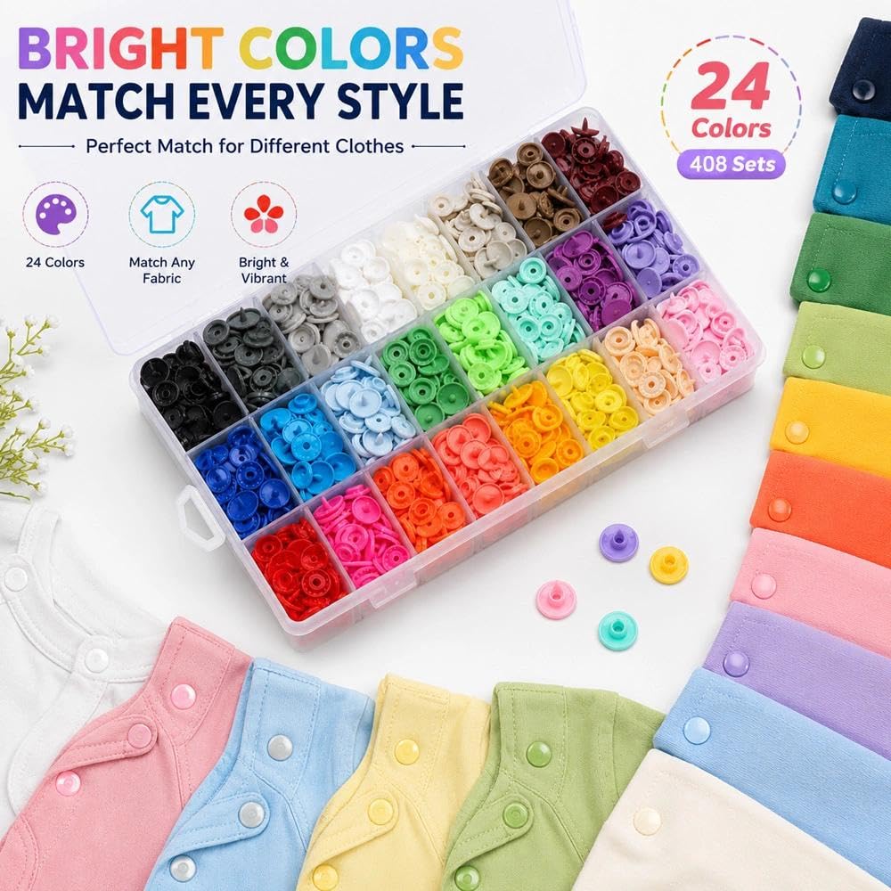 408 Sets Plastic Snap Buttons, T5 Snaps for Fabric Excluding Tools