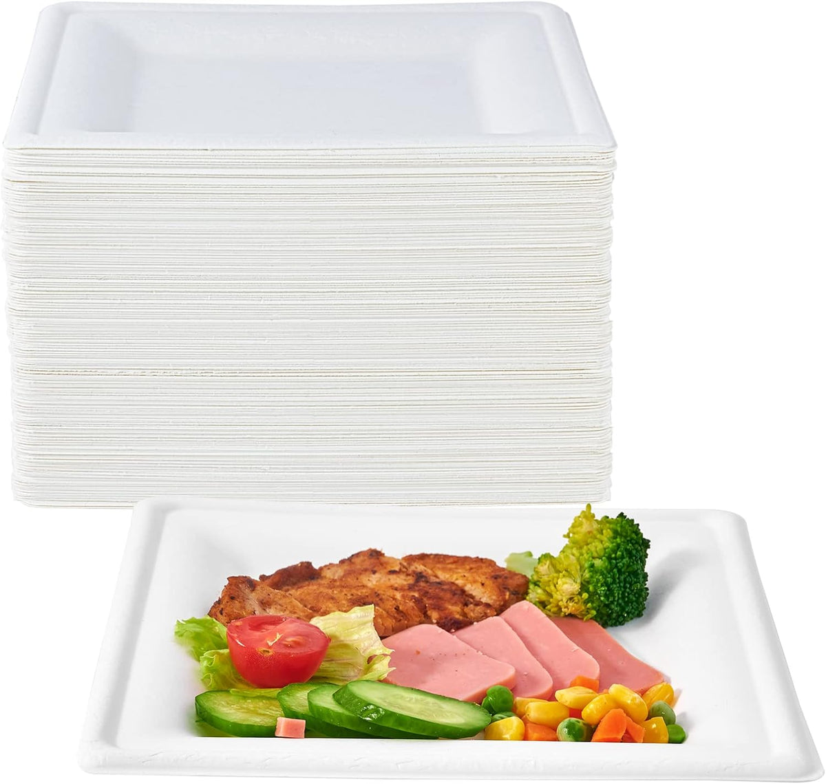 150 Piecs Compostable Square Paper Plates, 8 inch, White