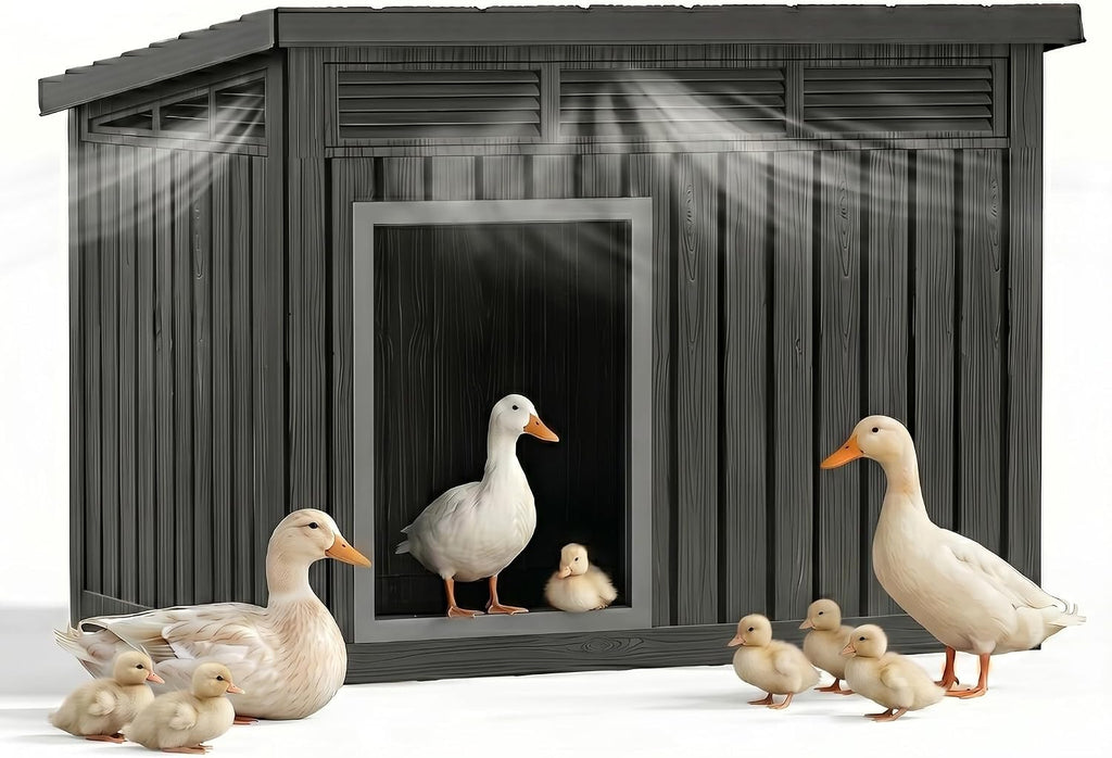 43'' Large Outdoor Duck House with Hydraulic Air Rod, Resin Duck Coop with Elevated Floor and Air Vents, Backyard