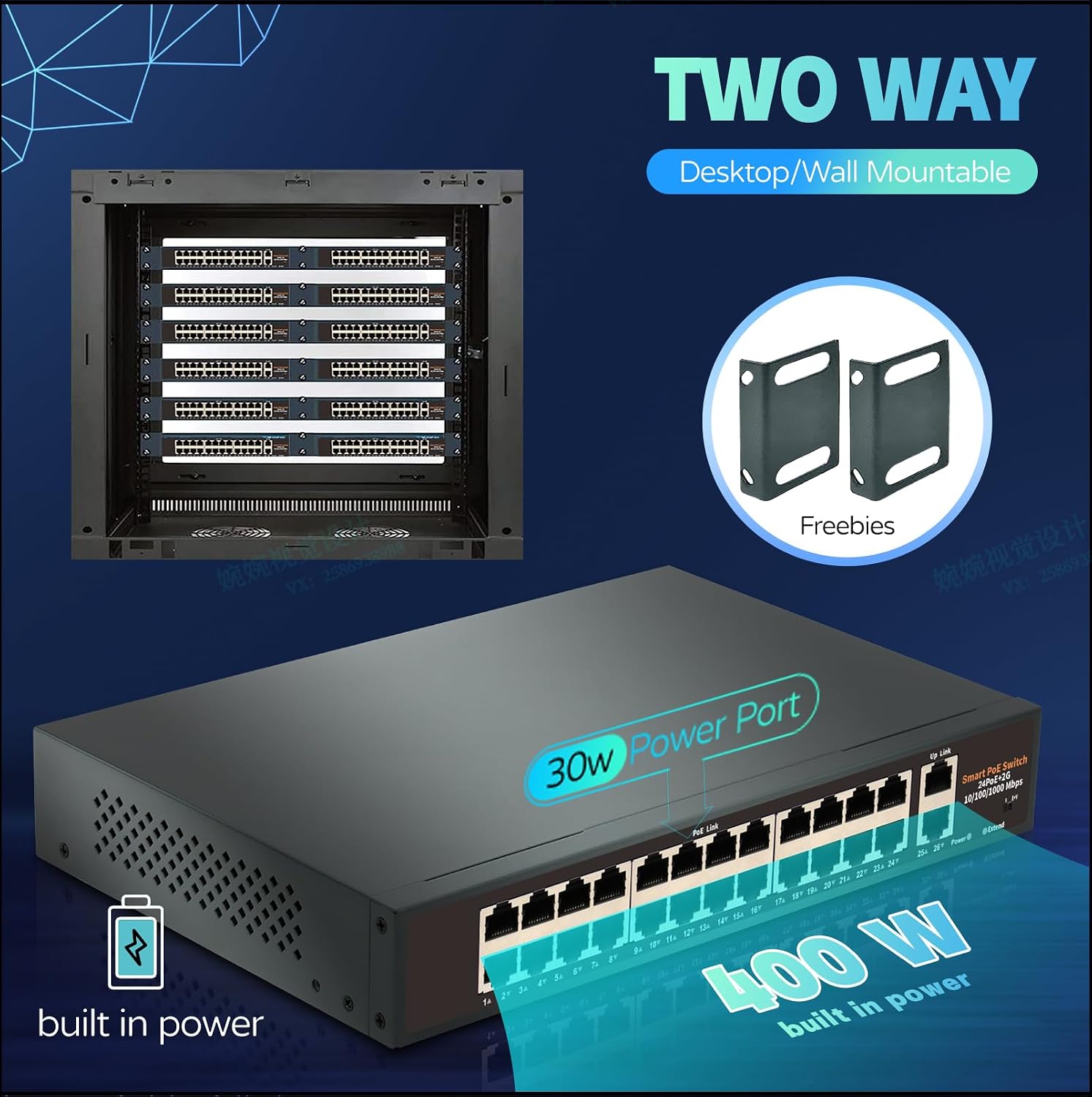 24-Port Unmanaged Gigabit PoE+ Switch with 2 Gigabit Uplink Ports, Up to 400W, IEEE 802.3af/at Compliant, VLAN